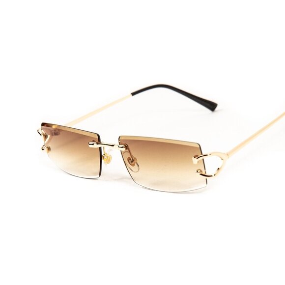 Narrow Rimless Gold Frame Stylish Light Brown Gradient Tinted Lens Sunglasses - Picture 4 of 6